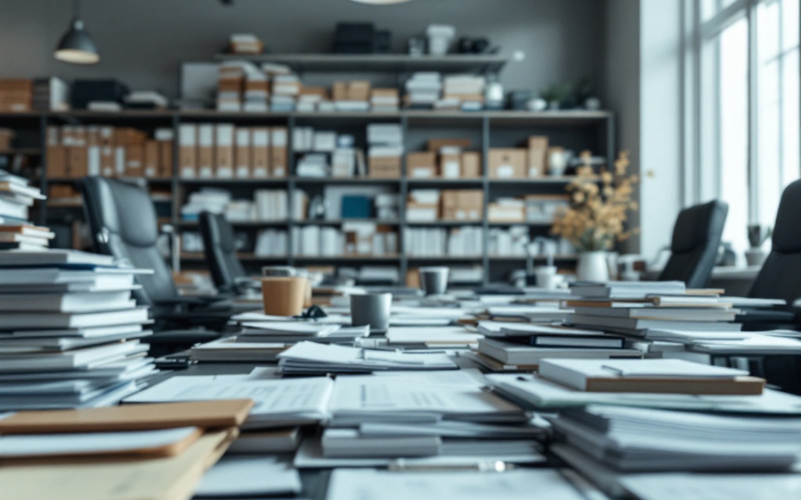A national statistics office of desks, filing cabinets and printouts