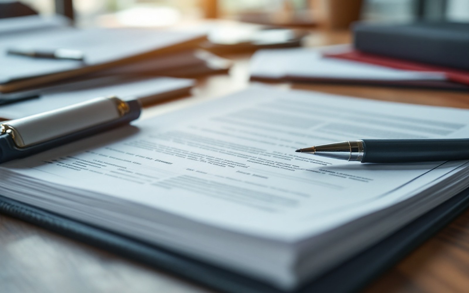 A bound loan agreement with tabbed pages on a desk