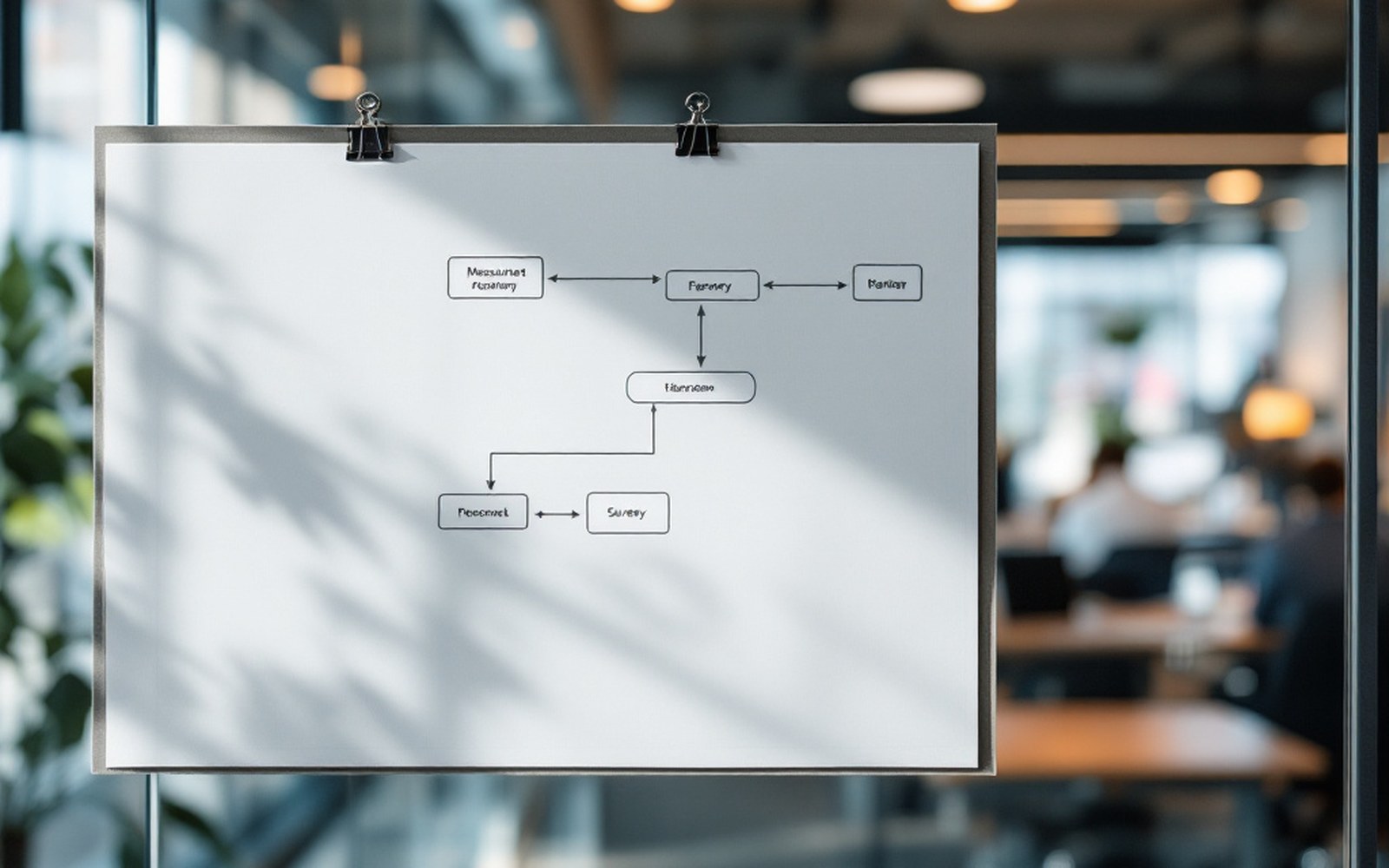A flow diagram printed and pinned to a partition