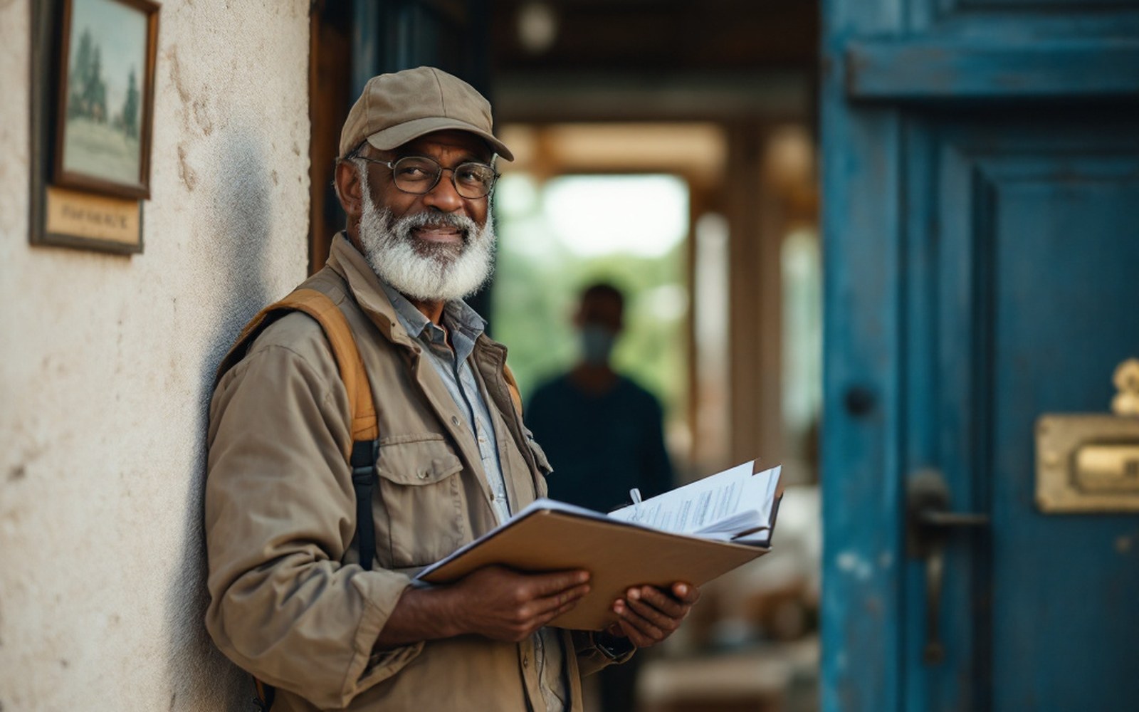 An enumerator with a clipboard at a house doorway, householder present