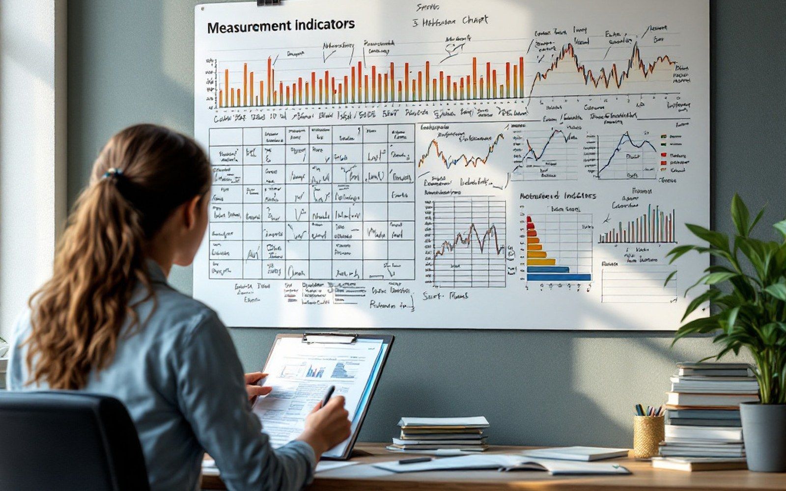 A wall chart of indicators with handwritten annotations