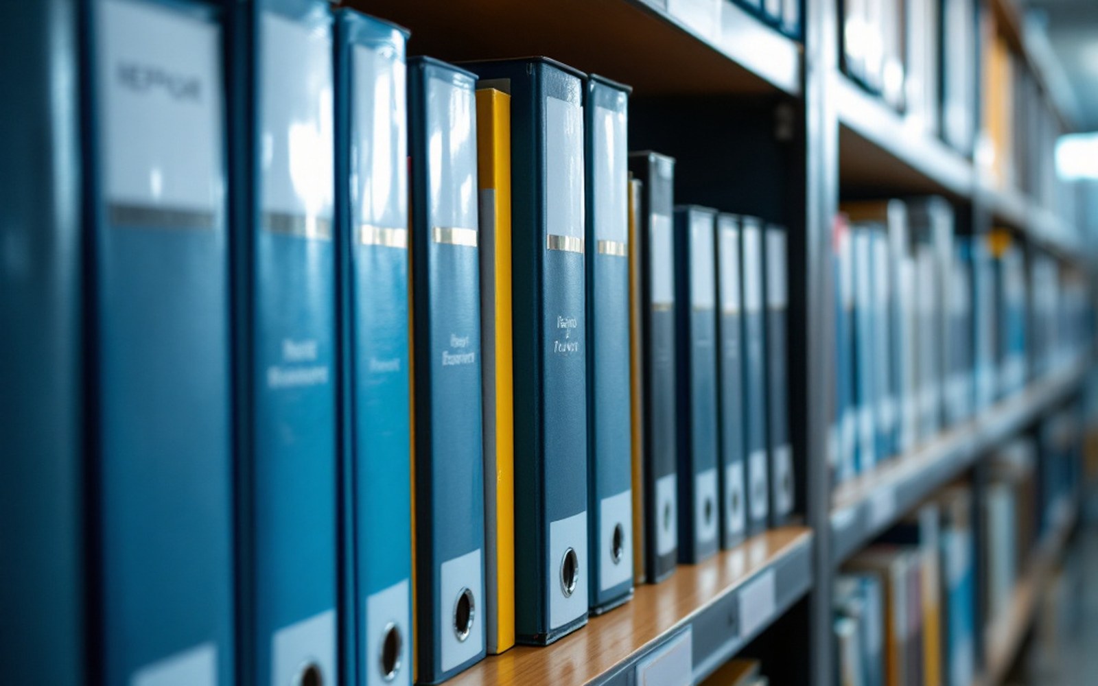 A filing shelf of report spines in an office