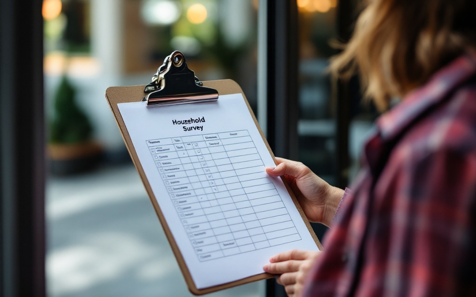 A household survey questionnaire on a clipboard held at a doorway